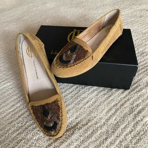 House of Harlow 1960 NEW Gold Leather Embroidered Slip on Moccasins flats